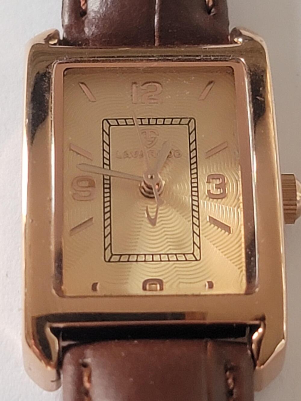 Mens Dress Watch Champagne Dial Gold Tone Rect Case Brown Leather Quartz Analog